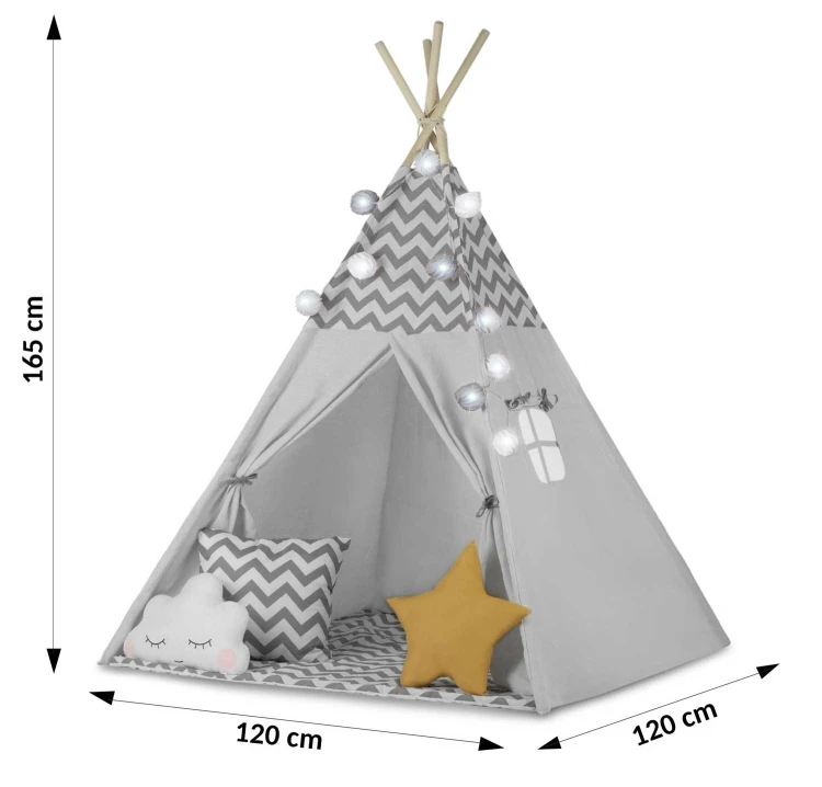 Indiański Namiot Tipi dla Dzieci – Bawełniany Wigwam z Matą i Akcesoriami 120 x 120 x 165 cm - szary