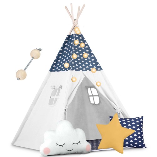 Indiański Namiot Tipi dla Dzieci – Bawełniany Wigwam z Matą i Zestawem 3 Poduszek 120 x 120 x 165 cm - granatowy