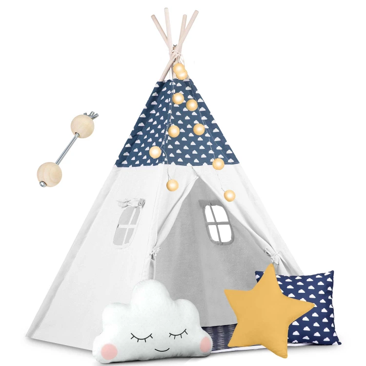 Indiański Namiot Tipi dla Dzieci – Bawełniany Wigwam z Matą i Zestawem 3 Poduszek 120 x 120 x 165 cm - granatowy
