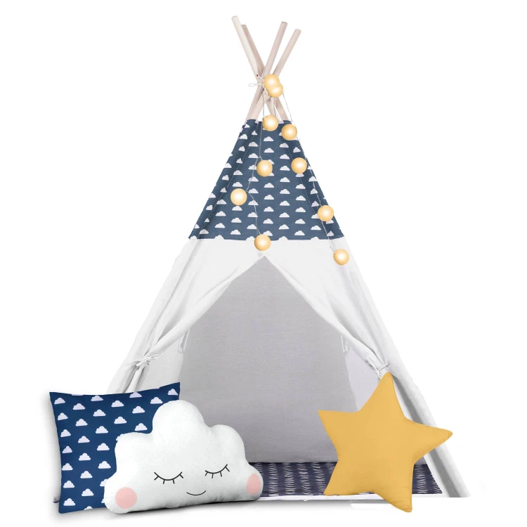 Indiański Namiot Tipi dla Dzieci – Bawełniany Wigwam z Matą i Zestawem 3 Poduszek 120 x 120 x 165 cm - granatowy