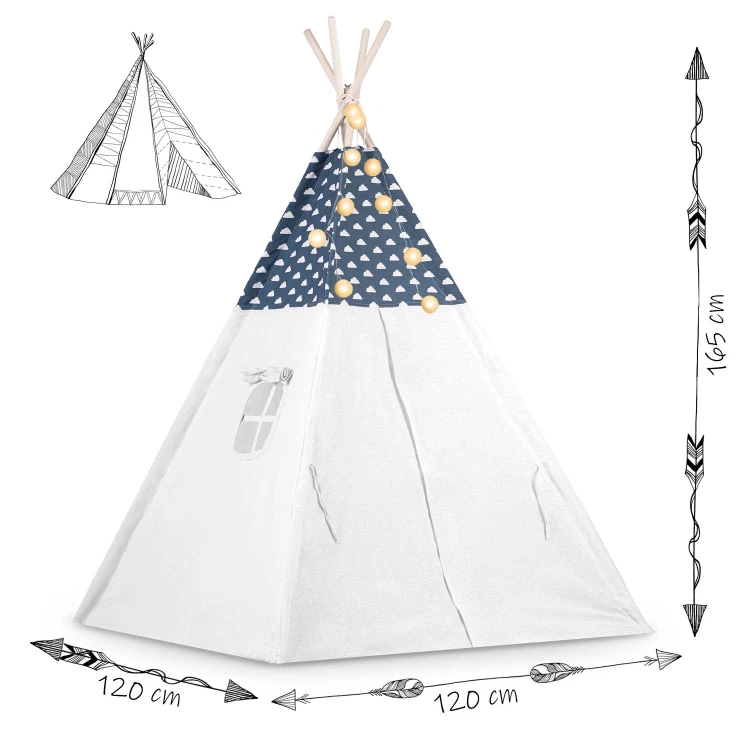 Indiański Namiot Tipi dla Dzieci – Bawełniany Wigwam z Matą i Zestawem 3 Poduszek 120 x 120 x 165 cm - granatowy