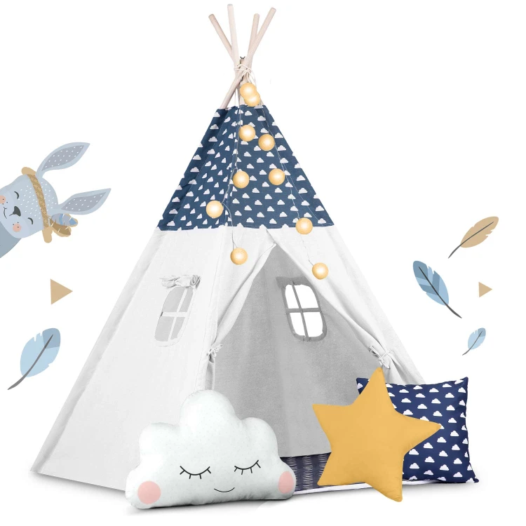Indiański Namiot Tipi dla Dzieci – Bawełniany Wigwam z Matą i Zestawem 3 Poduszek 120 x 120 x 165 cm - granatowy