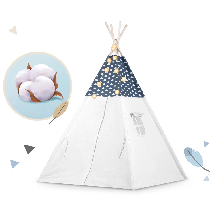 Indiański Namiot Tipi dla Dzieci – Bawełniany Wigwam z Matą i Zestawem 3 Poduszek 120 x 120 x 165 cm - granatowy