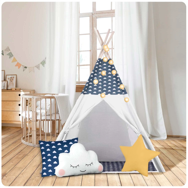 Indiański Namiot Tipi dla Dzieci – Bawełniany Wigwam z Matą i Zestawem 3 Poduszek 120 x 120 x 165 cm - granatowy