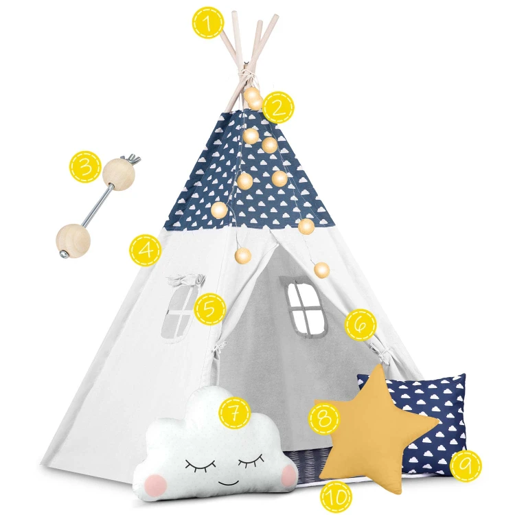 Indiański Namiot Tipi dla Dzieci – Bawełniany Wigwam z Matą i Zestawem 3 Poduszek 120 x 120 x 165 cm - granatowy