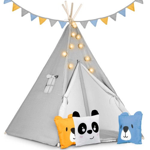 Indiański Namiot Tipi dla Dzieci – Bawełniany Wigwam z Matą i Zestawem 3 Poduszek (Panda i Misie) 120 x 120 x 165 cm - szary