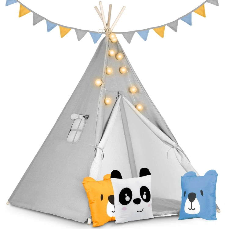 Indiański Namiot Tipi dla Dzieci – Bawełniany Wigwam z Matą i Zestawem 3 Poduszek (Panda i Misie) 120 x 120 x 165 cm - szary