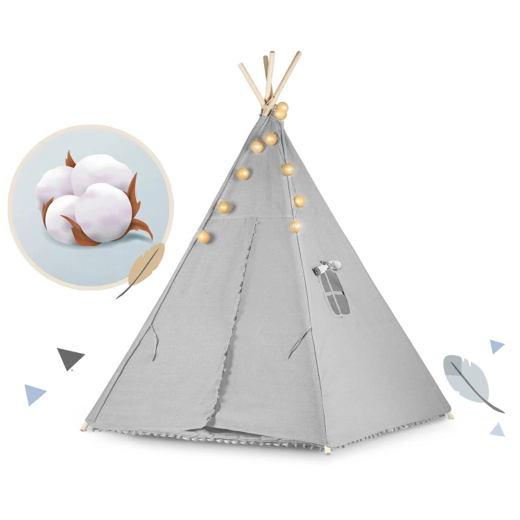 Indiański Namiot Tipi dla Dzieci – Bawełniany Wigwam z Matą i Zestawem 3 Poduszek (Panda i Misie) 120 x 120 x 165 cm - szary