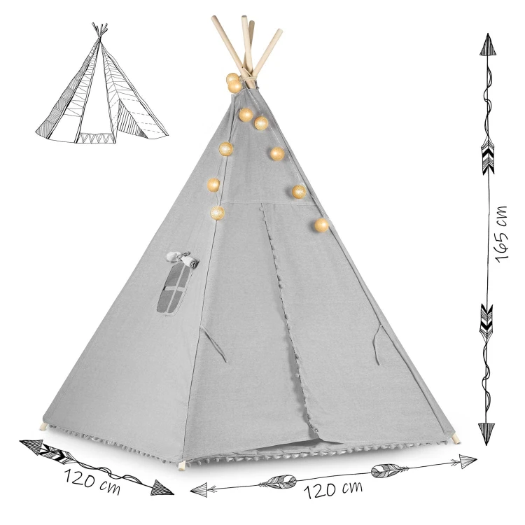 Indiański Namiot Tipi dla Dzieci – Bawełniany Wigwam z Matą i Zestawem 3 Poduszek (Panda i Misie) 120 x 120 x 165 cm - szary