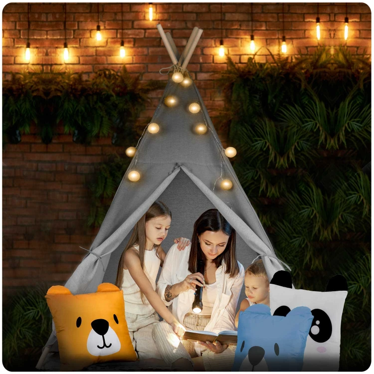 Indiański Namiot Tipi dla Dzieci – Bawełniany Wigwam z Matą i Zestawem 3 Poduszek (Panda i Misie) 120 x 120 x 165 cm - szary