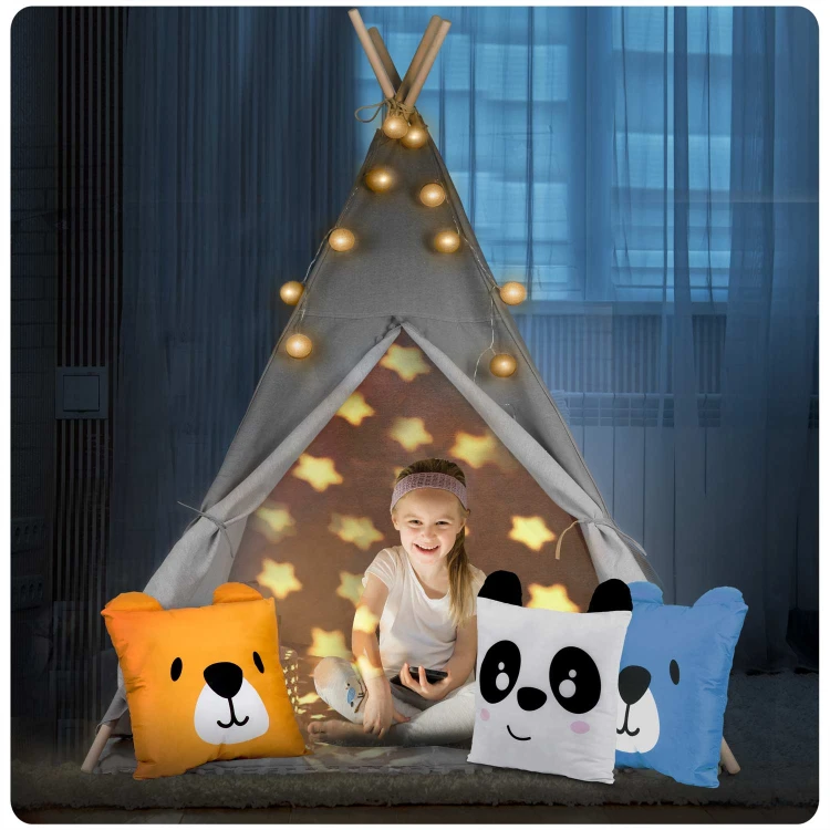 Indiański Namiot Tipi dla Dzieci – Bawełniany Wigwam z Matą i Zestawem 3 Poduszek (Panda i Misie) 120 x 120 x 165 cm - szary