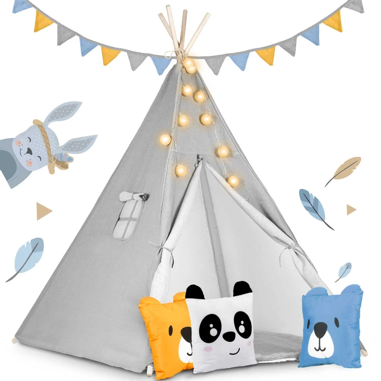 Indiański Namiot Tipi dla Dzieci – Bawełniany Wigwam z Matą i Zestawem 3 Poduszek (Panda i Misie) 120 x 120 x 165 cm - szary