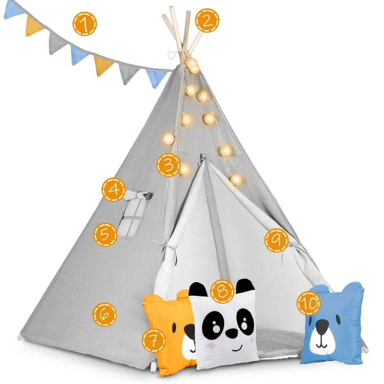 Indiański Namiot Tipi dla Dzieci – Bawełniany Wigwam z Matą i Zestawem 3 Poduszek (Panda i Misie) 120 x 120 x 165 cm - szary