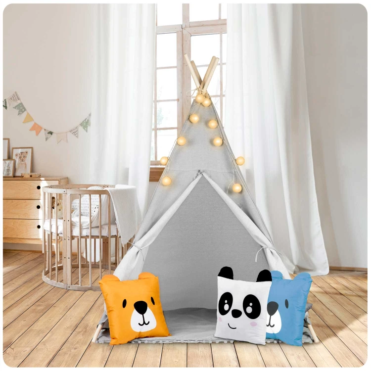 Indiański Namiot Tipi dla Dzieci – Bawełniany Wigwam z Matą i Zestawem 3 Poduszek (Panda i Misie) 120 x 120 x 165 cm - szary