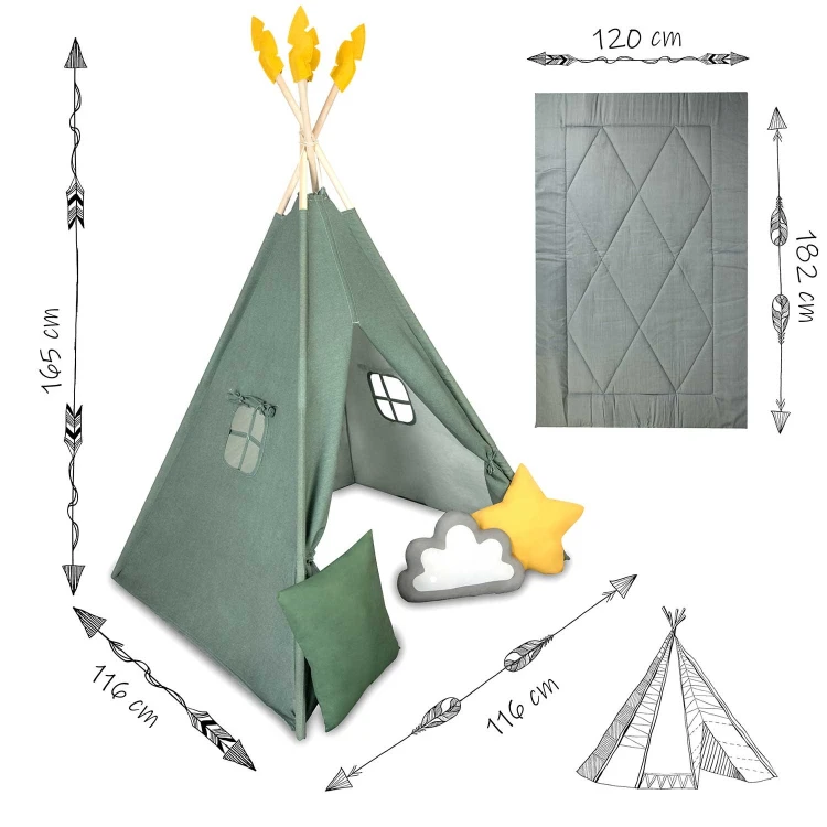 Indiański Namiot Tipi dla Dzieci Nukido – Forteca Małego Marzyciela z Wielofunkcyjną Matą i Akcesoriami 116 x 116 x 165 cm - zielony
