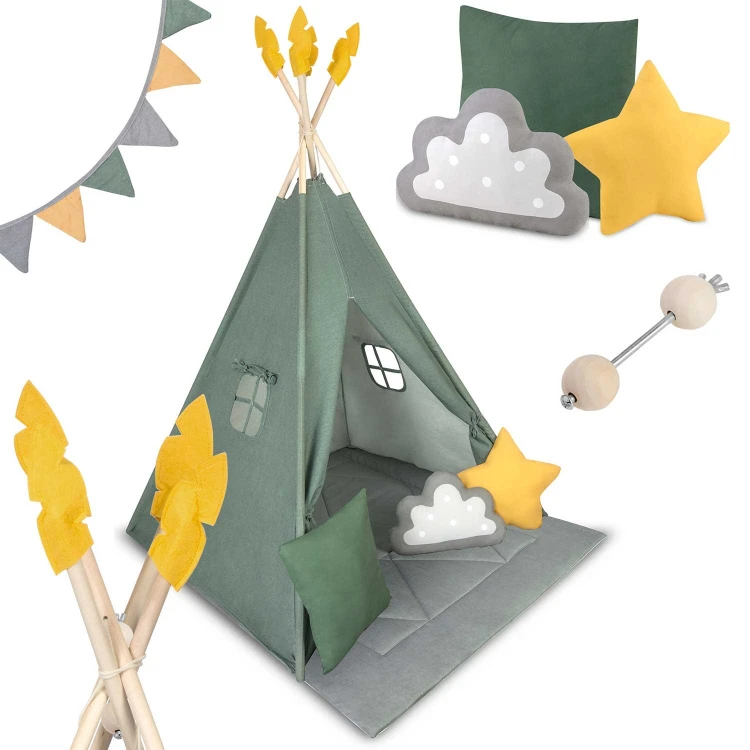 Indiański Namiot Tipi dla Dzieci Nukido – Forteca Małego Marzyciela z Wielofunkcyjną Matą i Akcesoriami 116 x 116 x 165 cm - zielony