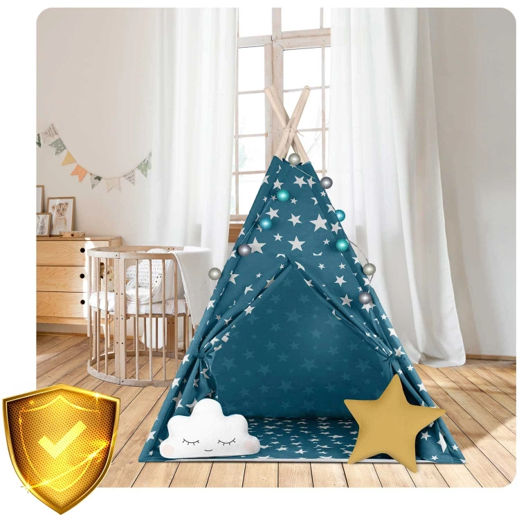 Indiański Namiot Tipi dla Dzieci Nukido – Bawełniany Wigwam z Wszytą Podłogą i Akcesoriami 120 x 120 x 165 cm - niebieski