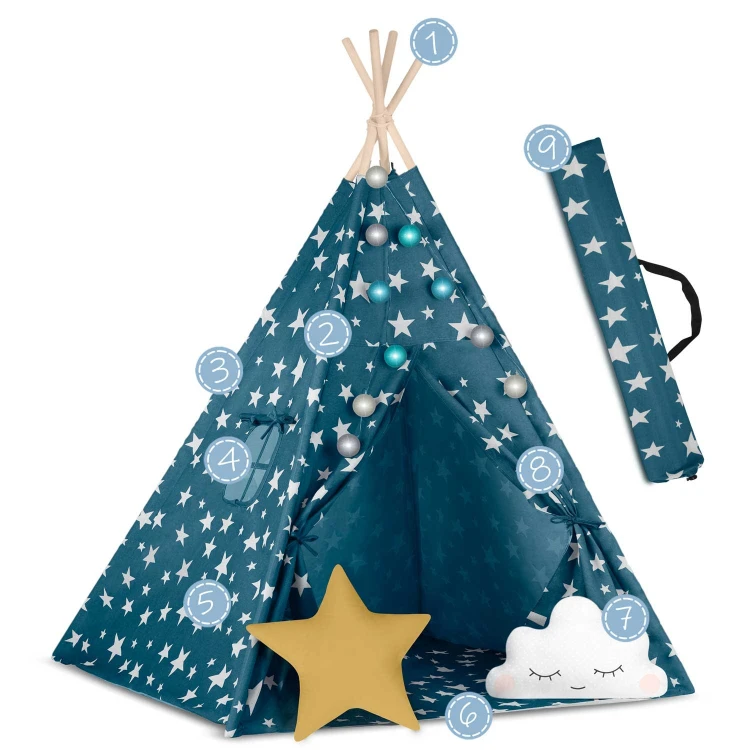 Indiański Namiot Tipi dla Dzieci Nukido – Bawełniany Wigwam z Wszytą Podłogą i Akcesoriami 120 x 120 x 165 cm - niebieski
