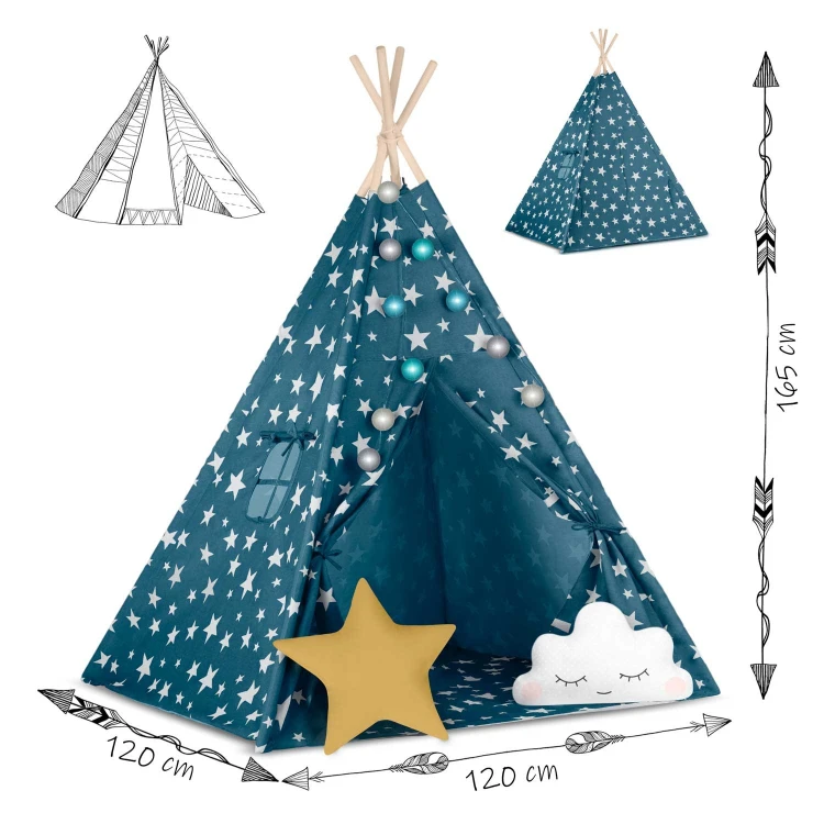 Indiański Namiot Tipi dla Dzieci Nukido – Bawełniany Wigwam z Wszytą Podłogą i Akcesoriami 120 x 120 x 165 cm - niebieski
