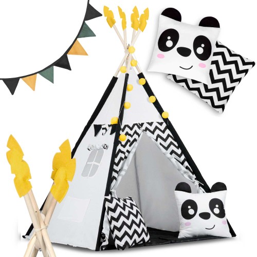 Indiański Namiot Tipi dla Dzieci – Bawełniany Wigwam z Matą i Akcesoriami 120 x 120 x 160 cm biało czarny z pandą