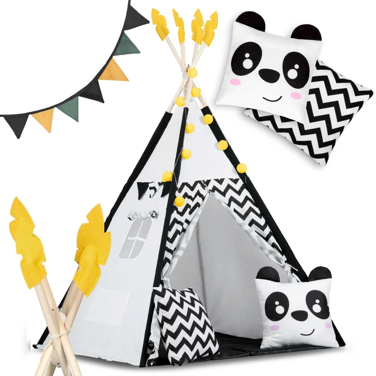 Indiański Namiot Tipi dla Dzieci – Bawełniany Wigwam z Matą i Akcesoriami 120 x 120 x 160 cm biało czarny z pandą