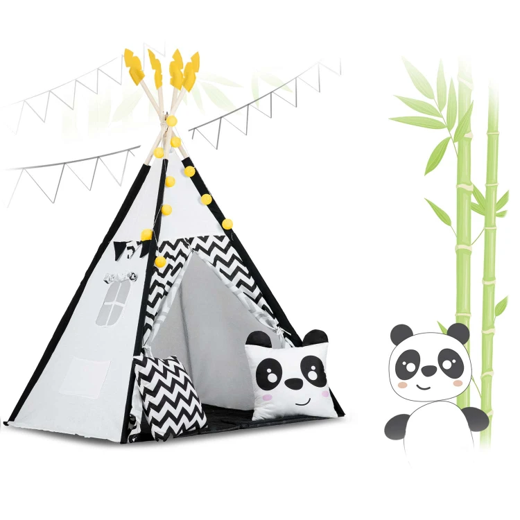 Indiański Namiot Tipi dla Dzieci – Bawełniany Wigwam z Matą i Akcesoriami 120 x 120 x 160 cm biało czarny z pandą