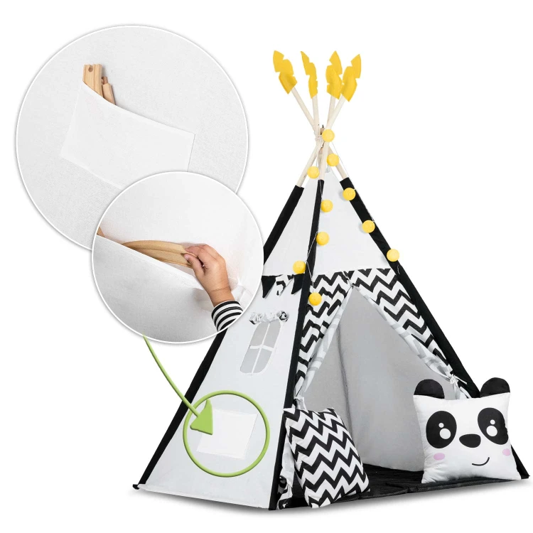 Indiański Namiot Tipi dla Dzieci – Bawełniany Wigwam z Matą i Akcesoriami 120 x 120 x 160 cm biało czarny z pandą