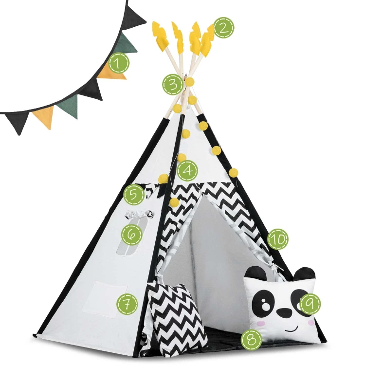 Indiański Namiot Tipi dla Dzieci – Bawełniany Wigwam z Matą i Akcesoriami 120 x 120 x 160 cm biało czarny z pandą