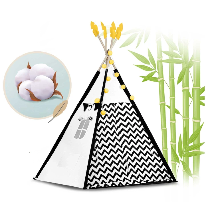 Indiański Namiot Tipi dla Dzieci – Bawełniany Wigwam z Matą i Akcesoriami 120 x 120 x 160 cm biało czarny z pandą