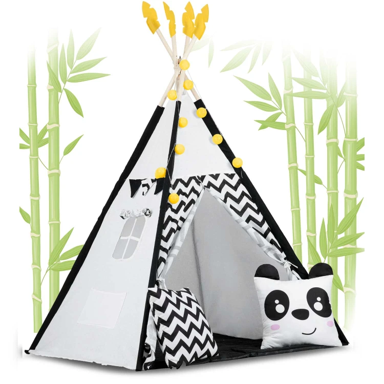 Indiański Namiot Tipi dla Dzieci – Bawełniany Wigwam z Matą i Akcesoriami 120 x 120 x 160 cm biało czarny z pandą