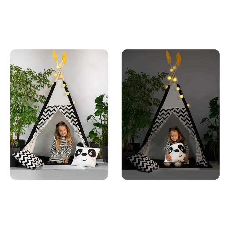 Indiański Namiot Tipi dla Dzieci – Bawełniany Wigwam z Matą i Akcesoriami 120 x 120 x 160 cm biało czarny z pandą