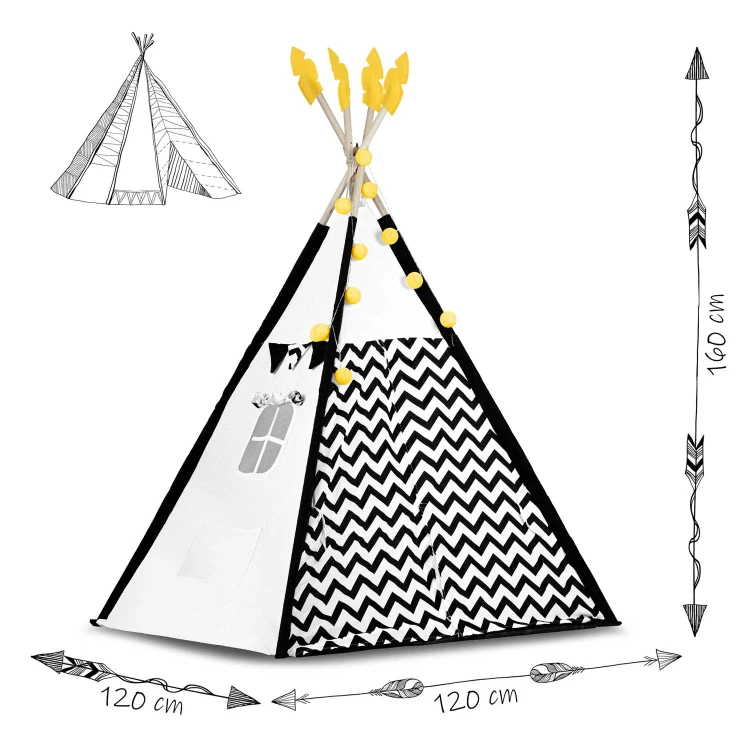 Indiański Namiot Tipi dla Dzieci – Bawełniany Wigwam z Matą i Akcesoriami 120 x 120 x 160 cm biało czarny z pandą