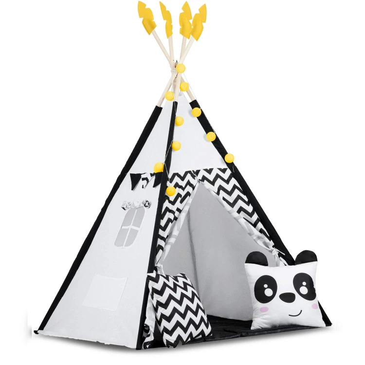 Indiański Namiot Tipi dla Dzieci – Bawełniany Wigwam z Matą i Akcesoriami 120 x 120 x 160 cm biało czarny z pandą