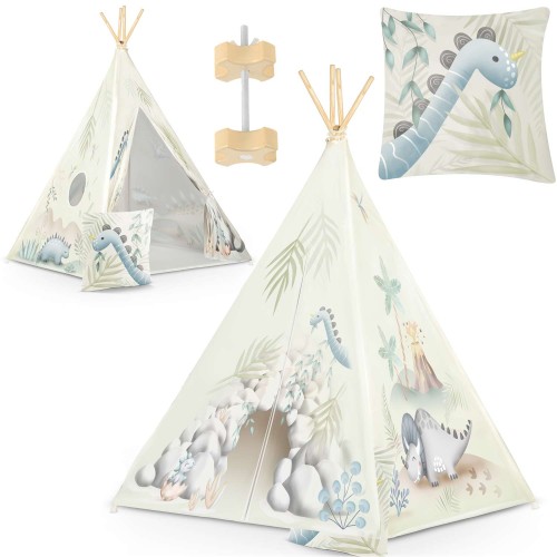 Indiański Namiot Tipi dla Dzieci Nukido – Designerski Wigwam ze Wszytą Podłogą i Poduszką z Dinozaurem 114 × 114 × 165 cm - dinozaury
