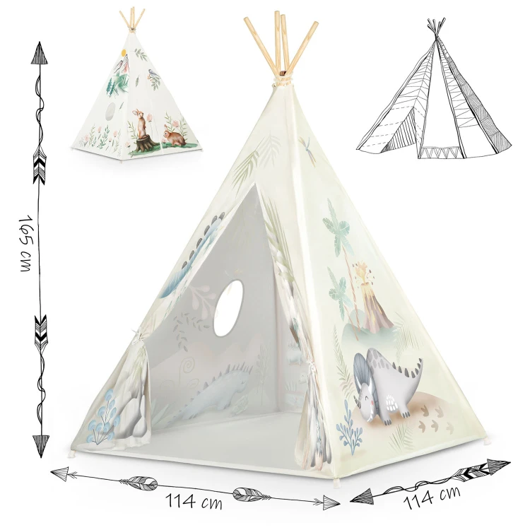 Indiański Namiot Tipi dla Dzieci Nukido – Designerski Wigwam ze Wszytą Podłogą i Poduszką z Dinozaurem 114 × 114 × 165 cm - dinozaury