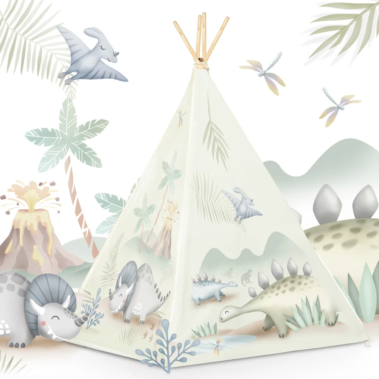 Indiański Namiot Tipi dla Dzieci Nukido – Designerski Wigwam ze Wszytą Podłogą i Poduszką z Dinozaurem 114 × 114 × 165 cm - dinozaury