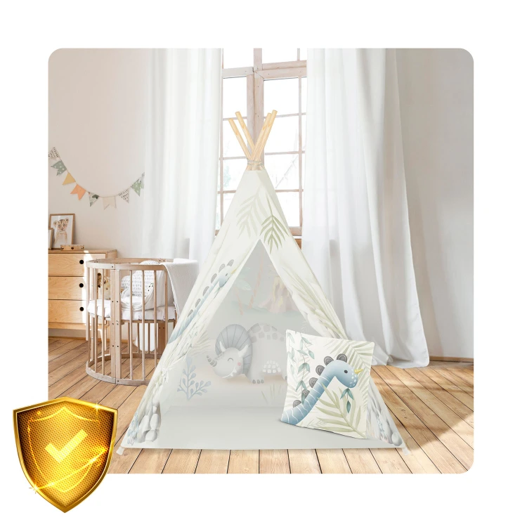 Indiański Namiot Tipi dla Dzieci Nukido – Designerski Wigwam ze Wszytą Podłogą i Poduszką z Dinozaurem 114 × 114 × 165 cm - dinozaury