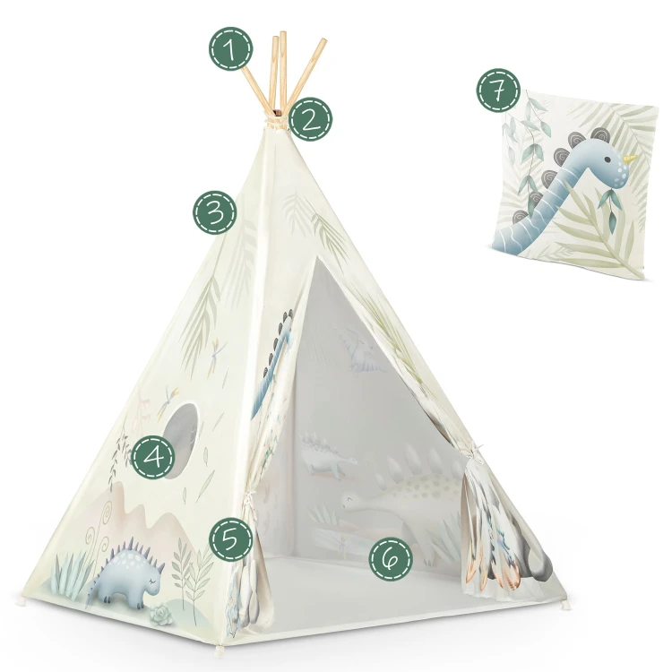 Indiański Namiot Tipi dla Dzieci Nukido – Designerski Wigwam ze Wszytą Podłogą i Poduszką z Dinozaurem 114 × 114 × 165 cm - dinozaury