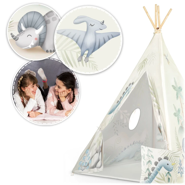 Indiański Namiot Tipi dla Dzieci Nukido – Designerski Wigwam ze Wszytą Podłogą i Poduszką z Dinozaurem 114 × 114 × 165 cm - dinozaury