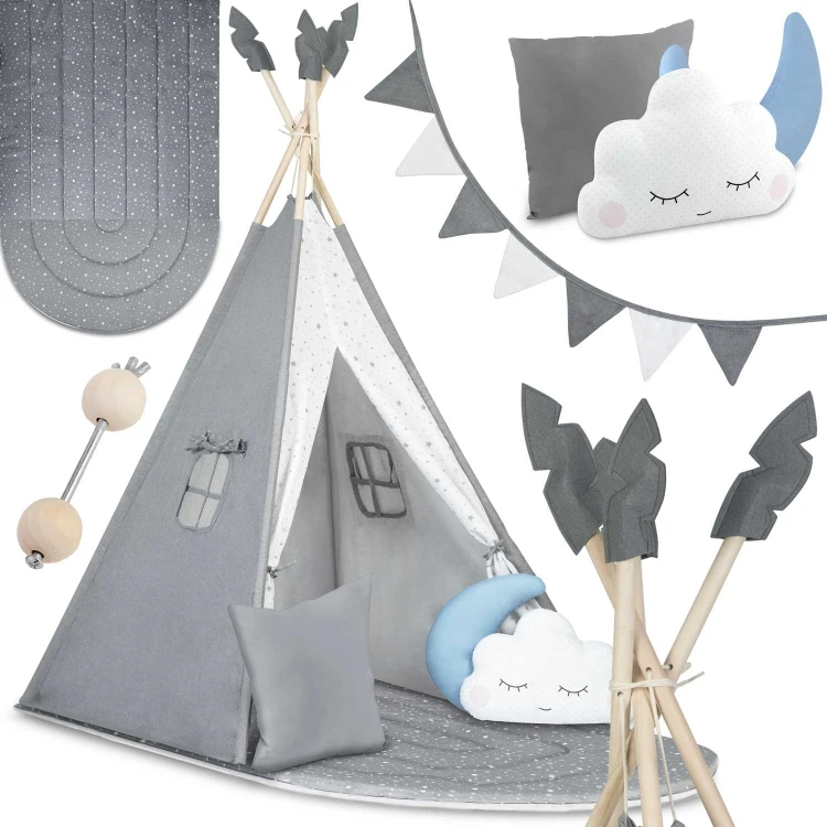 Indiański Namiot Tipi dla Dzieci Nukido – Forteca Małego Marzyciela z 2-Częściową Matą i Akcesoriami 116 x 116 x 165 cm - szary