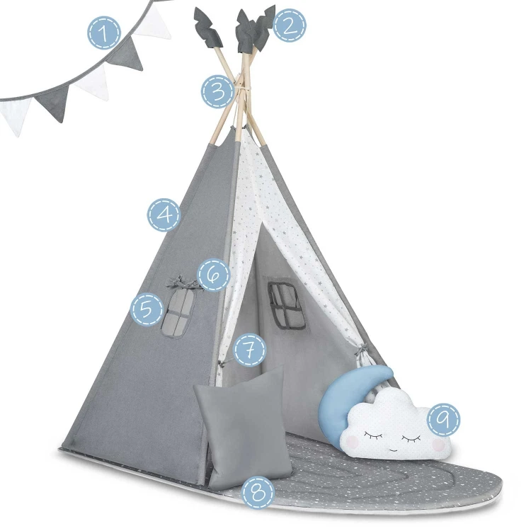 Indiański Namiot Tipi dla Dzieci Nukido – Forteca Małego Marzyciela z 2-Częściową Matą i Akcesoriami 116 x 116 x 165 cm - szary