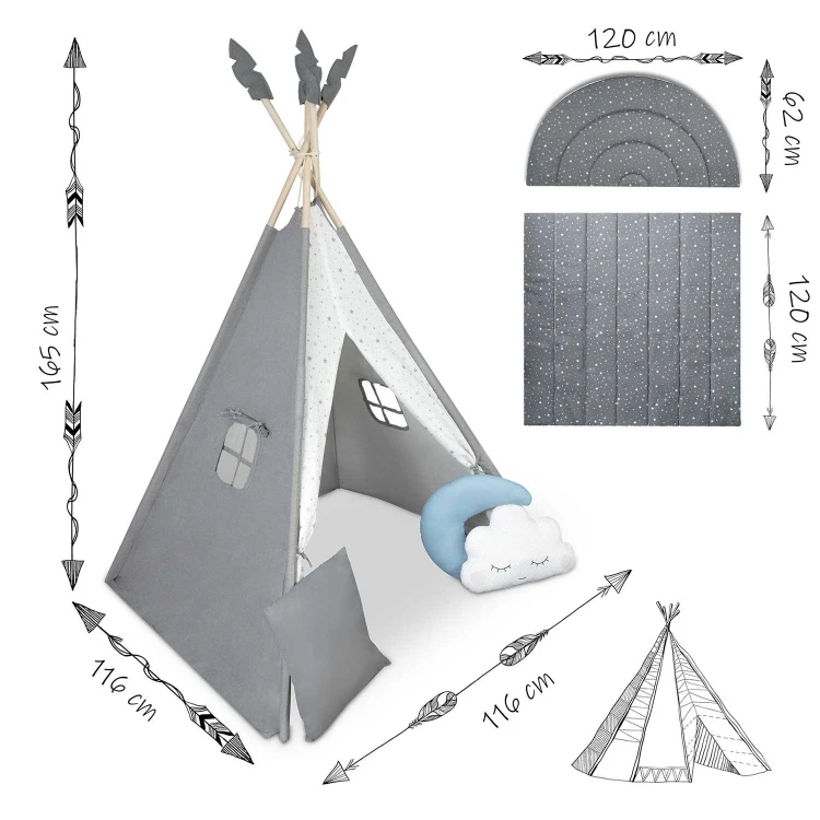 Indiański Namiot Tipi dla Dzieci Nukido – Forteca Małego Marzyciela z 2-Częściową Matą i Akcesoriami 116 x 116 x 165 cm - szary