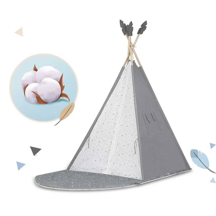 Indiański Namiot Tipi dla Dzieci Nukido – Forteca Małego Marzyciela z 2-Częściową Matą i Akcesoriami 116 x 116 x 165 cm - szary