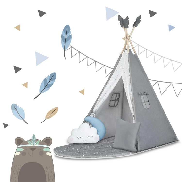 Indiański Namiot Tipi dla Dzieci Nukido – Forteca Małego Marzyciela z 2-Częściową Matą i Akcesoriami 116 x 116 x 165 cm - szary