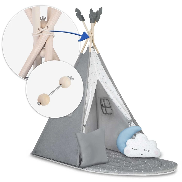 Indiański Namiot Tipi dla Dzieci Nukido – Forteca Małego Marzyciela z 2-Częściową Matą i Akcesoriami 116 x 116 x 165 cm - szary