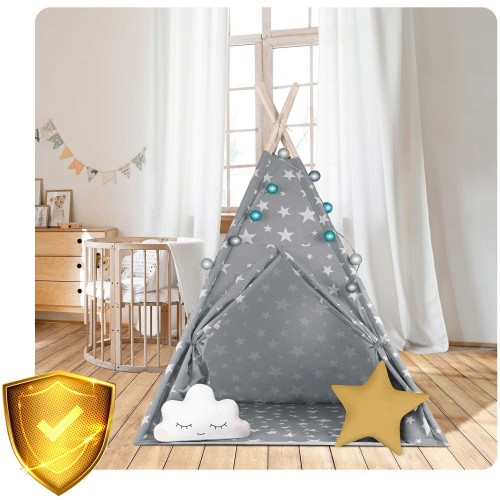 Indiański Namiot Tipi dla Dzieci Nukido – Bawełniany Wigwam z Wszytą Podłogą i Akcesoriami 120 x 120 x 165 cm- szary w gwiazdki