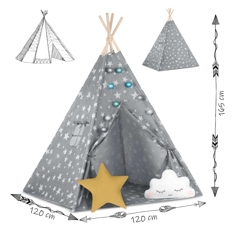 Indiański Namiot Tipi dla Dzieci Nukido – Bawełniany Wigwam z Wszytą Podłogą i Akcesoriami 120 x 120 x 165 cm- szary w gwiazdki