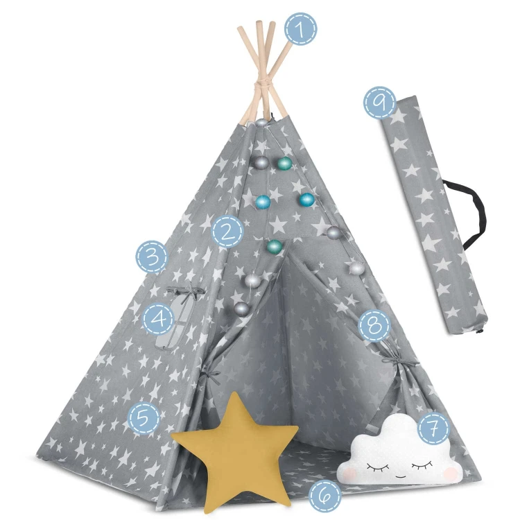 Indiański Namiot Tipi dla Dzieci Nukido – Bawełniany Wigwam z Wszytą Podłogą i Akcesoriami 120 x 120 x 165 cm- szary w gwiazdki