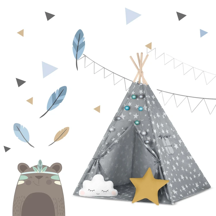 Indiański Namiot Tipi dla Dzieci Nukido – Bawełniany Wigwam z Wszytą Podłogą i Akcesoriami 120 x 120 x 165 cm- szary w gwiazdki