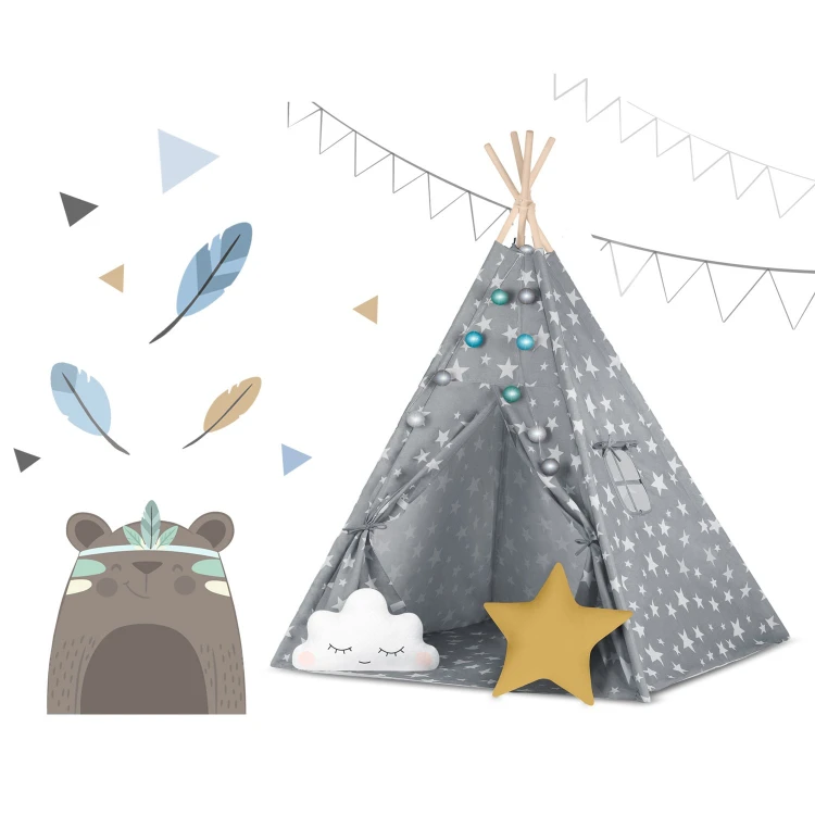 Indiański Namiot Tipi dla Dzieci Nukido – Bawełniany Wigwam z Wszytą Podłogą i Akcesoriami 120 x 120 x 165 cm- szary w gwiazdki